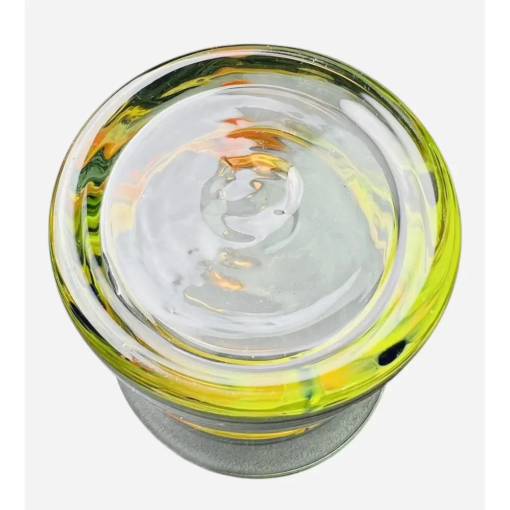Mexican Hand Blown Glass Tumbler Yellow/Orange/Blue Swirl Spiral 4